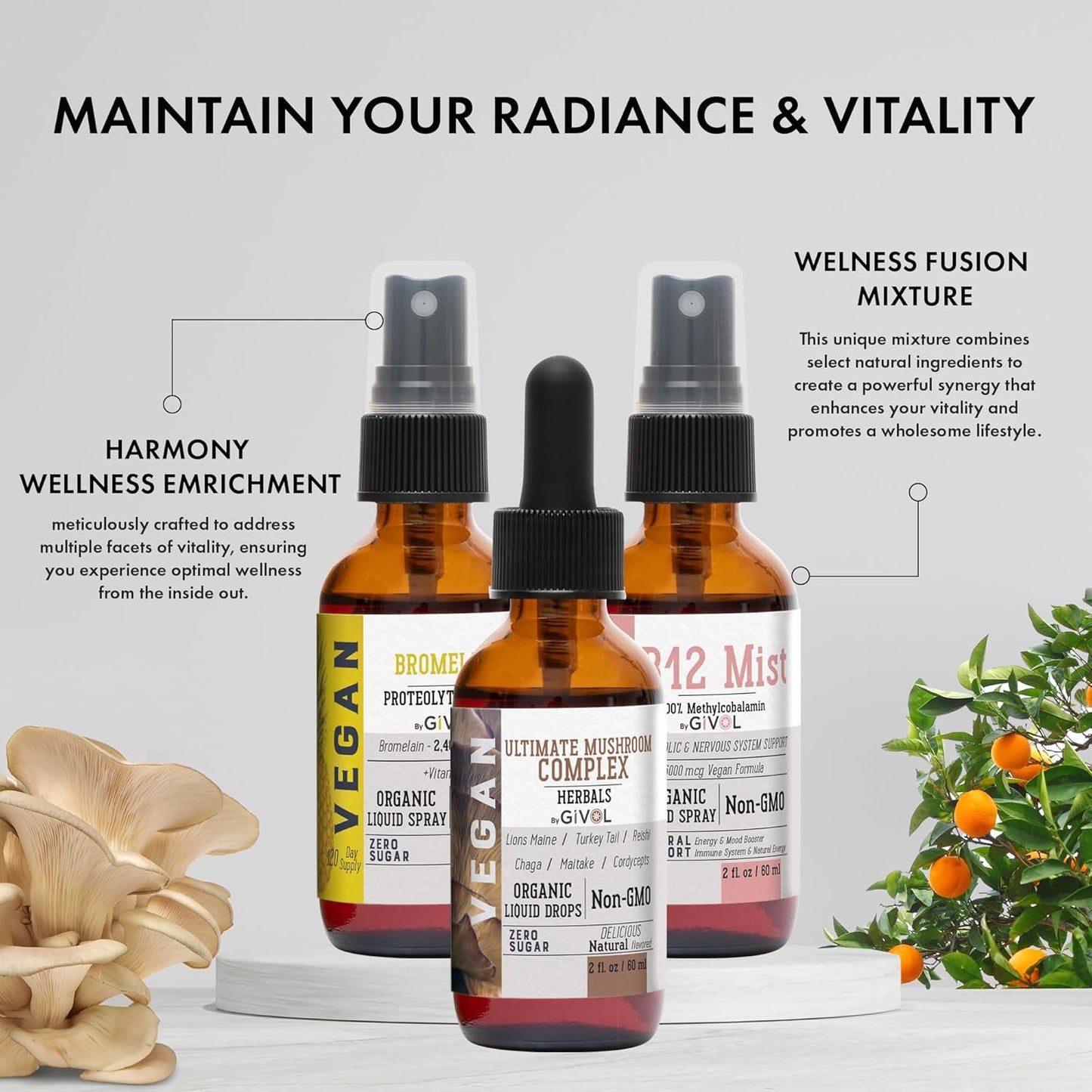 Ultimate Mushroom Complex Liquid Spray with B12 - Complete Multivitamin for Vitality - Plant-Based, Non-GMO, Gluten Free - 2 Fl Oz (420 Days)