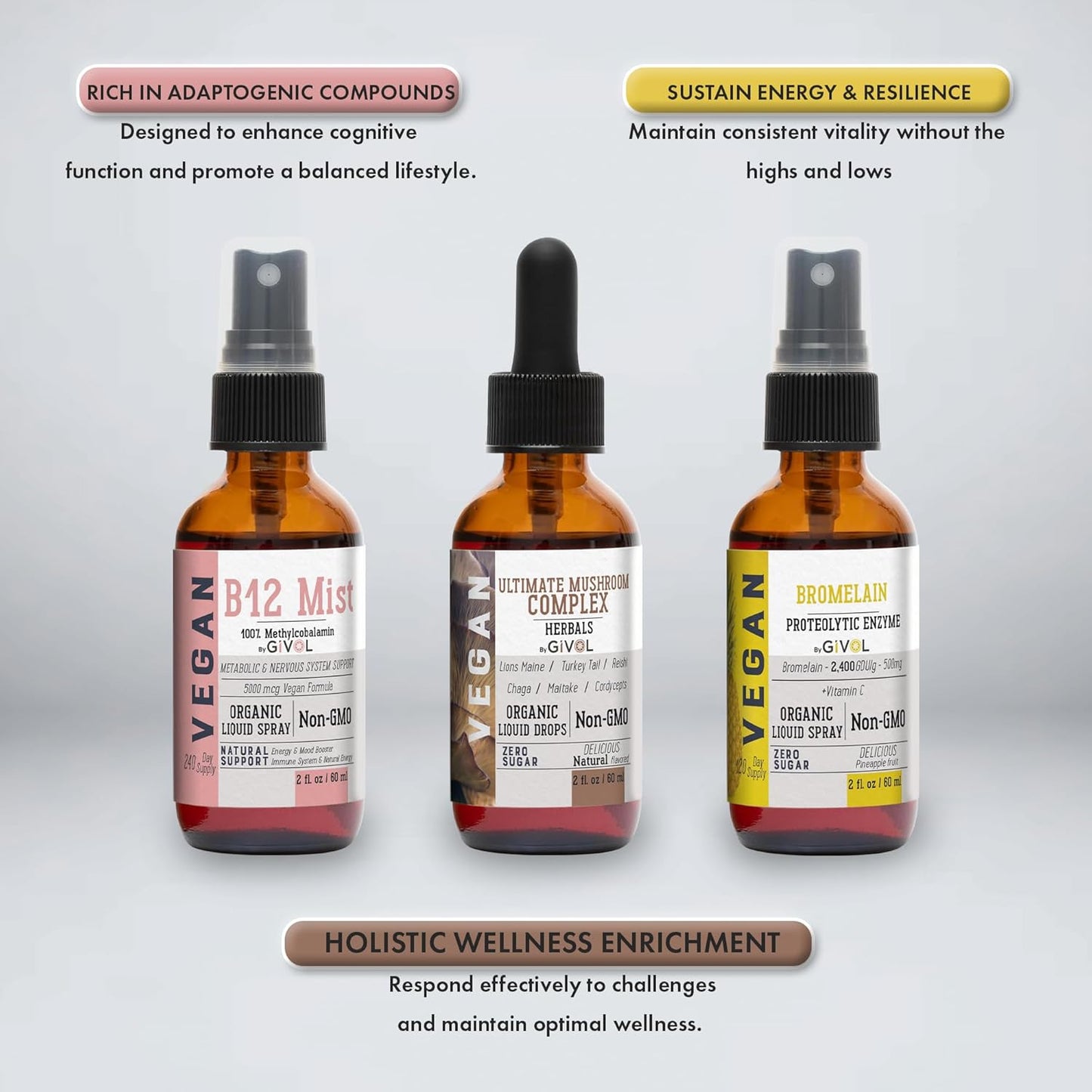 Ultimate Mushroom Complex Liquid Spray with B12 - Complete Multivitamin for Vitality - Plant-Based, Non-GMO, Gluten Free - 2 Fl Oz (420 Days)