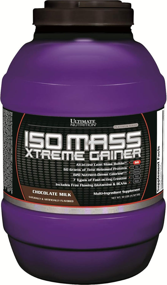Ultimate Nutrition ISO Mass Xtreme Gainer Chocolate Protein Powder - 10 LBS, 60g Protein, Whey Isolate for Lean Muscle Gain - 30 Servings