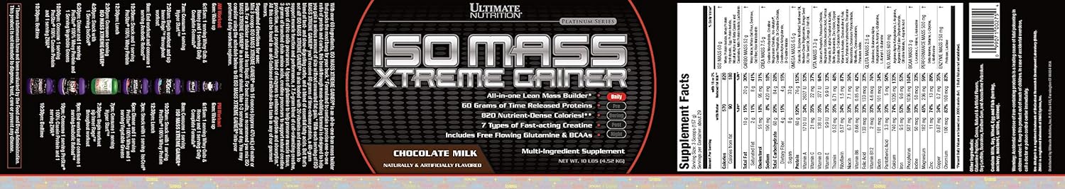 Ultimate Nutrition ISO Mass Xtreme Gainer Chocolate Protein Powder - 10 LBS, 60g Protein, Whey Isolate for Lean Muscle Gain - 30 Servings