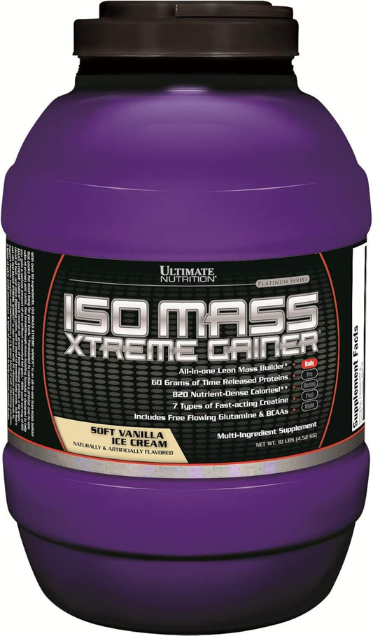 Ultimate Nutrition ISO Mass Xtreme Gainer: Whey Protein Powder with Creatine for Lean Muscle Gain, 60g Protein, 10 LBS Vanilla Ice Cream Flavor