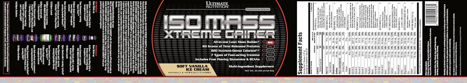 Ultimate Nutrition ISO Mass Xtreme Gainer: Whey Protein Powder with Creatine for Lean Muscle Gain, 60g Protein, 10 LBS Vanilla Ice Cream Flavor