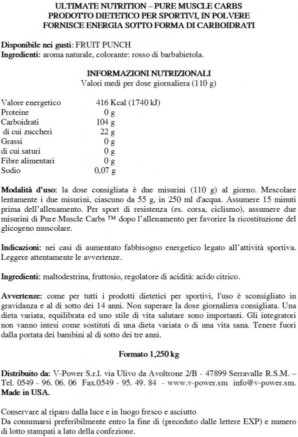 Ultimate Nutrition Pure Muscle Carbs: Complex Carbohydrate Powder for Energy - No Fat, No Cholesterol - Ideal for Muscle Gainers - Fruit Punch, 2.75 lbs