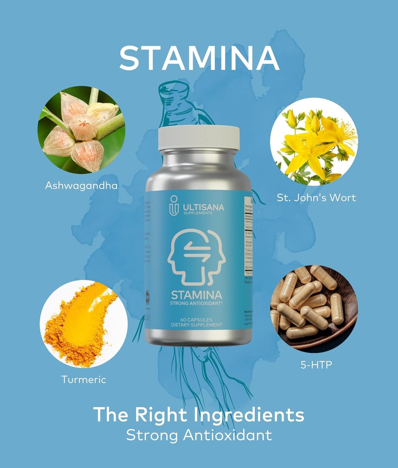 Ultisana Stamina Strong Antioxidant Supplement with Ashwagandha, Turmeric, 5-HTP, B6 & B12 | 60 Capsules