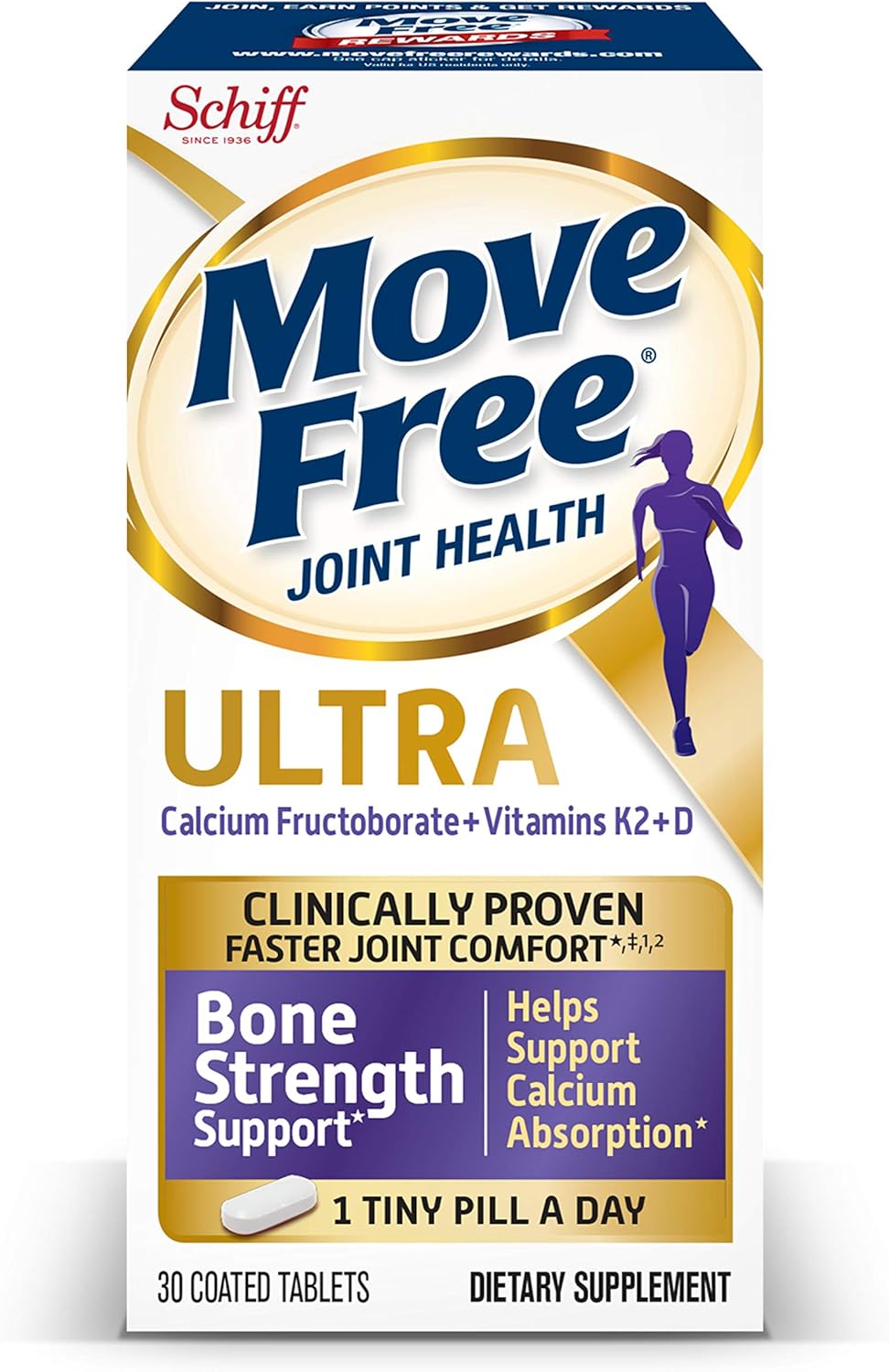 Ultra Bone Strength Support Tablets with Vitamins D & K2, Calcium Fructoborate, and Faster Joint Comfort - 30 Count