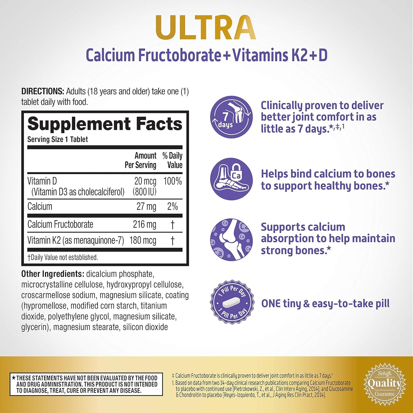 Ultra Bone Strength Support Tablets with Vitamins D & K2, Calcium Fructoborate, and Faster Joint Comfort - 30 Count