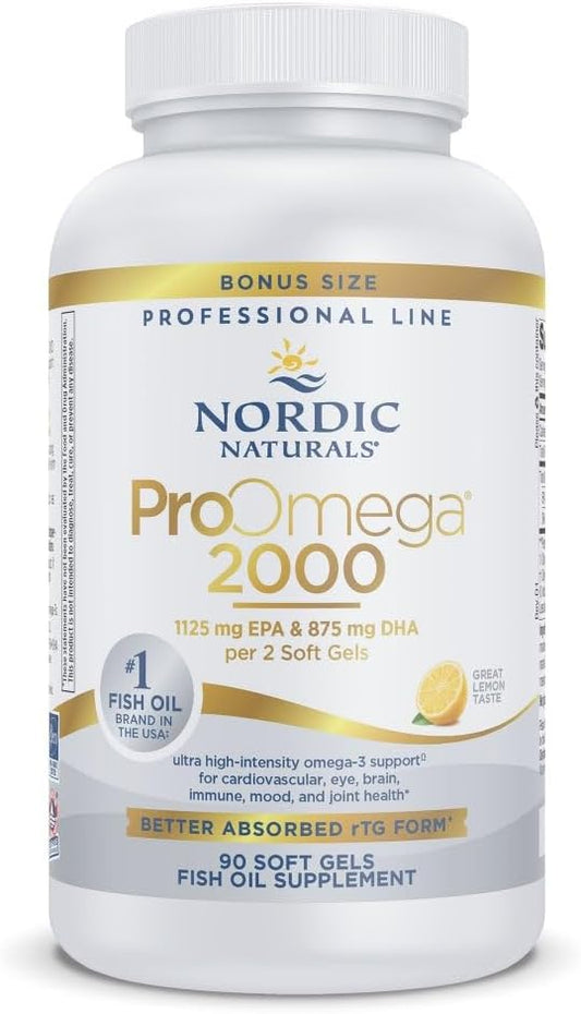 Ultra High-Potency Fish Oil Soft Gels - Nordic Naturals ProOmega 2000, Lemon Flavor - 2150 mg Omega-3, EPA & DHA - Promotes Brain, Eye, Heart, & Immune Health - Non-GMO - 90 Count
