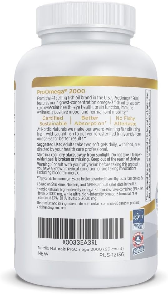 Ultra High-Potency Fish Oil Soft Gels - Nordic Naturals ProOmega 2000, Lemon Flavor - 2150 mg Omega-3, EPA & DHA - Promotes Brain, Eye, Heart, & Immune Health - Non-GMO - 90 Count