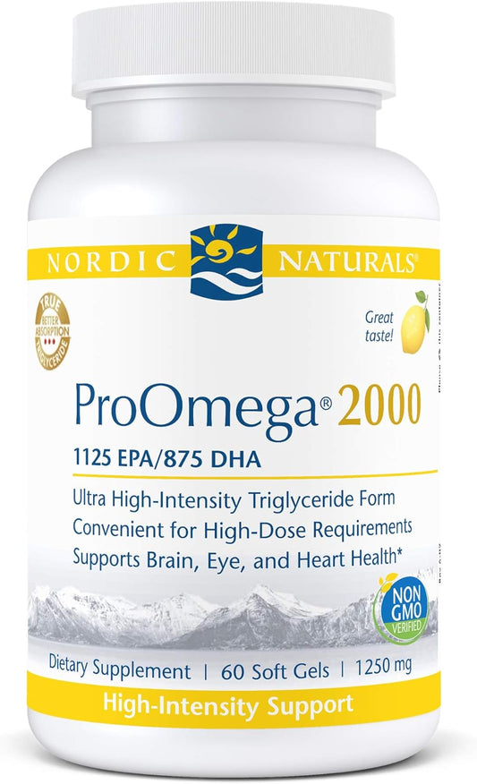 Ultra High-Potency Nordic Naturals ProOmega 2000 Lemon Fish Oil Soft Gels - 2150mg Omega-3 EPA & DHA - Brain, Eye, Heart, & Immune Health Support - Non-GMO - 60ct