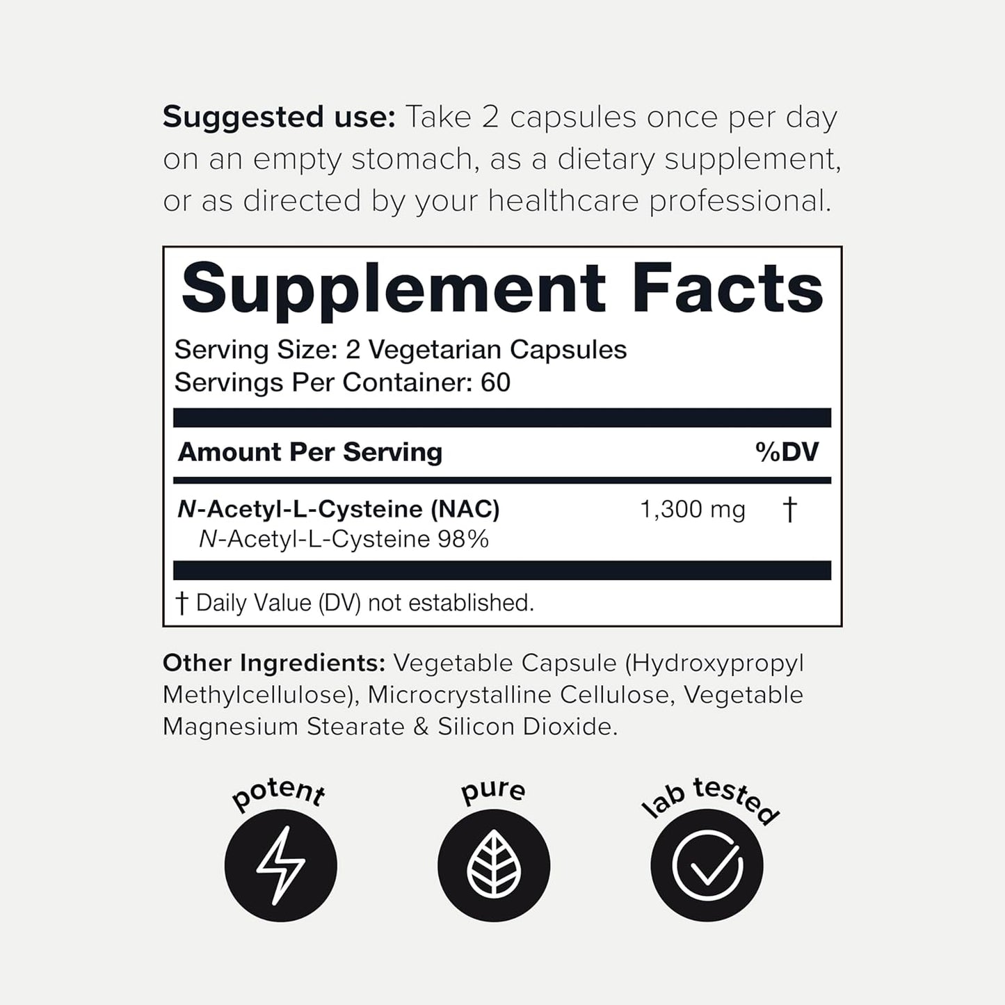 Ultra High Strength 1300mg NAC - 2 Month Supply - 98%+ Purity - Bioavailable N Acetyl Cysteine Supplement - 120 Capsules