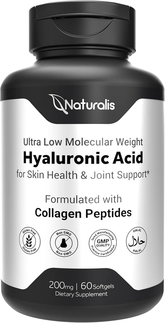 Ultra Low Molecular Weight Hyaluronic Acid 200mg with Collagen, Biotin, Selenium, and Vitamin E for Hair, Skin, Nails, and Joints - 60 Softgels