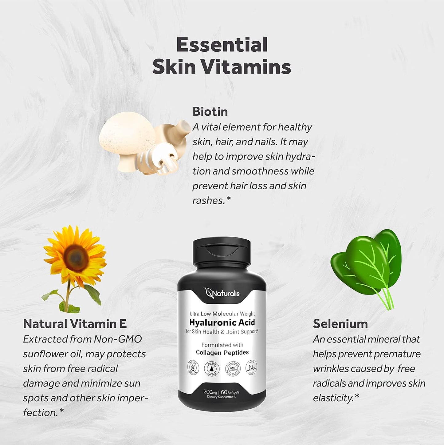 Ultra Low Molecular Weight Hyaluronic Acid 200mg with Collagen, Biotin, Selenium, and Vitamin E for Hair, Skin, Nails, and Joints - 60 Softgels