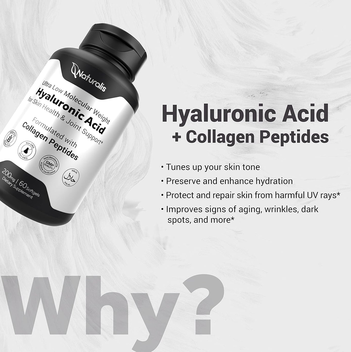Ultra Low Molecular Weight Hyaluronic Acid 200mg with Collagen, Biotin, Selenium, and Vitamin E for Hair, Skin, Nails, and Joints - 60 Softgels