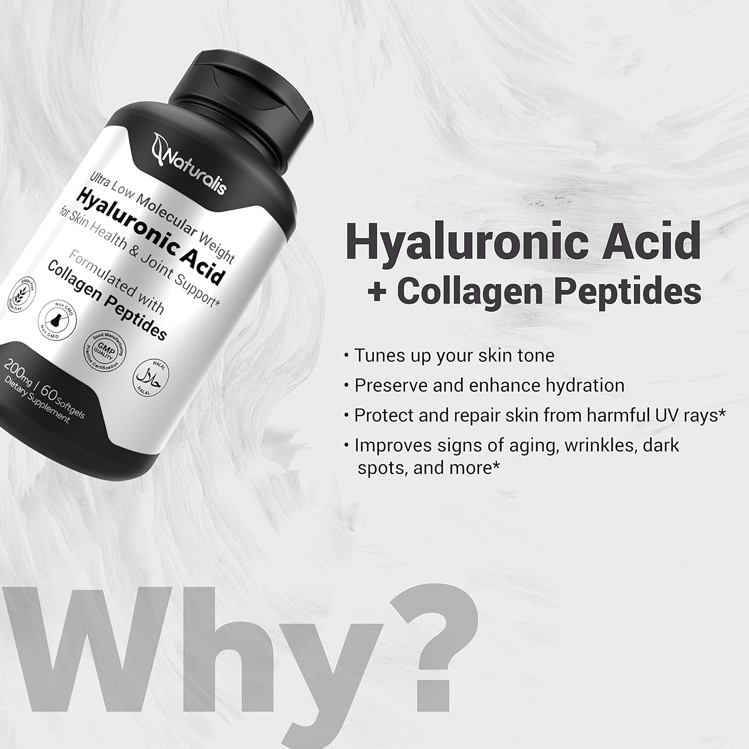 Ultra Low Molecular Weight Hyaluronic Acid 200mg with Collagen, Biotin, Selenium, and Vitamin E for Hair, Skin, Nails, and Joints - 60 Softgels