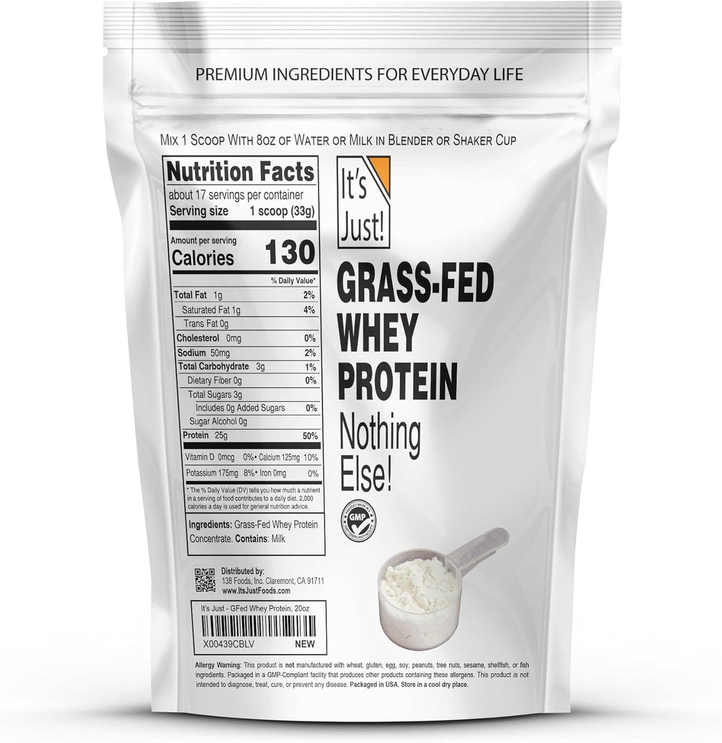Ultra Premium Grass-Fed Whey Protein Concentrate, Unflavored, Made in USA, rBGH/RBST Hormone Free - 1.25 Pound