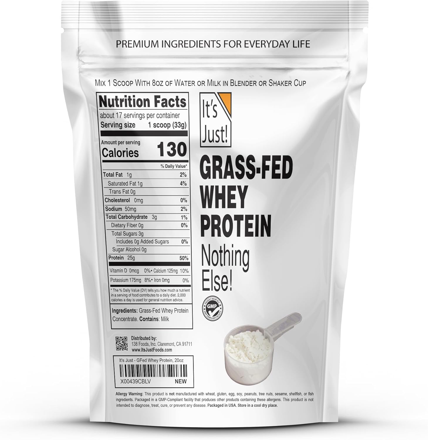 Ultra Premium Grass-Fed Whey Protein Concentrate, Unflavored, Made in USA, rBGH/RBST Hormone Free - 1.25 Pound