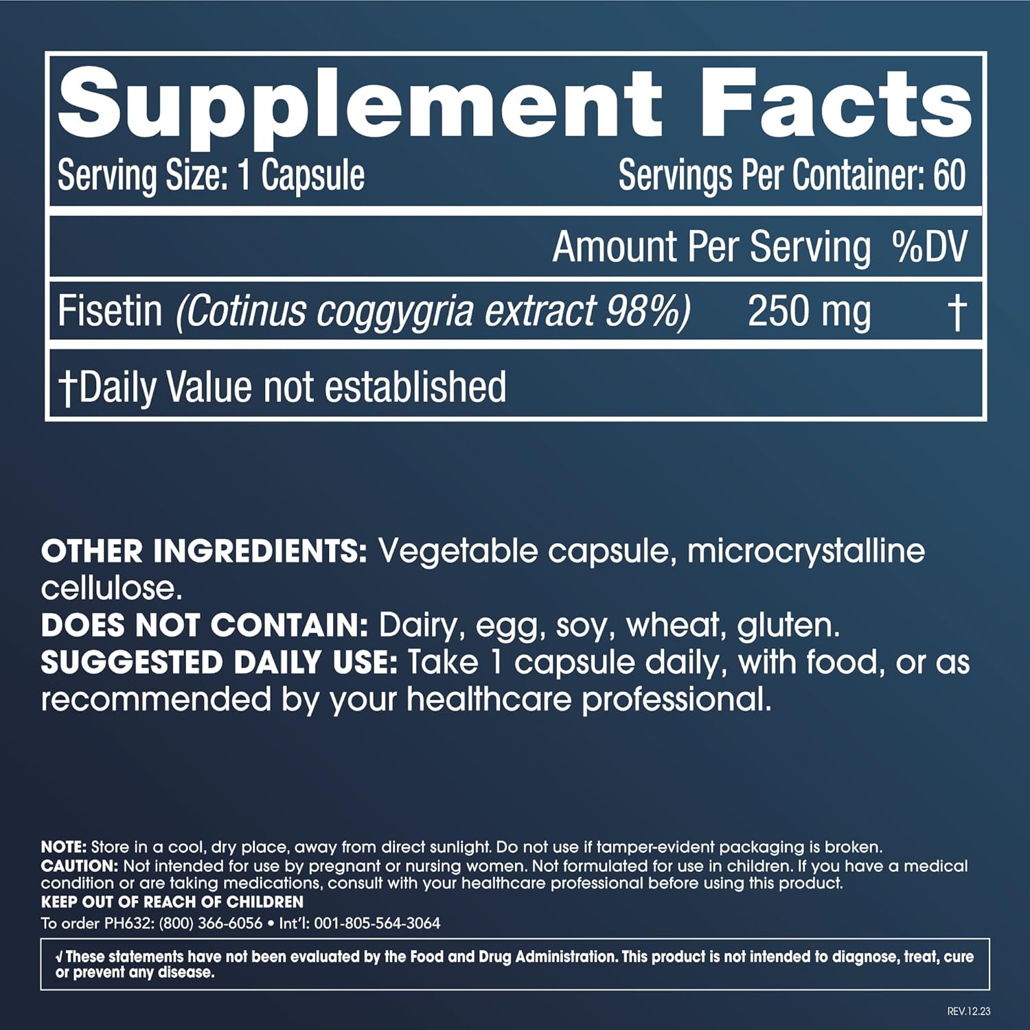Ultra Pure Fisetin Supplement - 60 Capsules x 250mg - Intermittent High Dose Use - Triple Tested for Potency - GMP USA Made