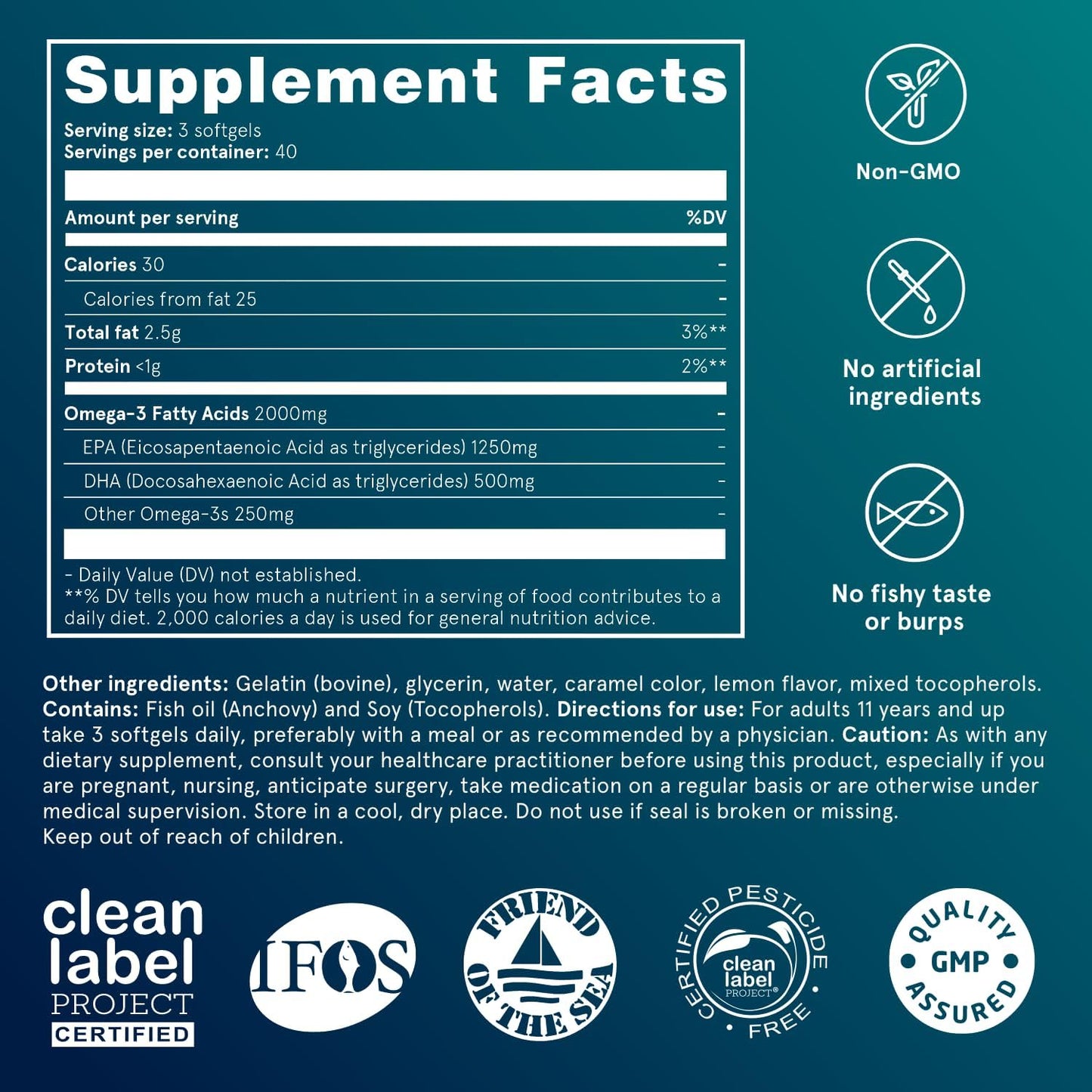 Ultra Pure Puori Omega-3 Fish Oil Softgels 2000mg - Heart & Eye Supplement - 240 Burpless, Non-GMO Capsules - IFOS Certified - O3-2000mg EPA 1250mg DHA 500mg