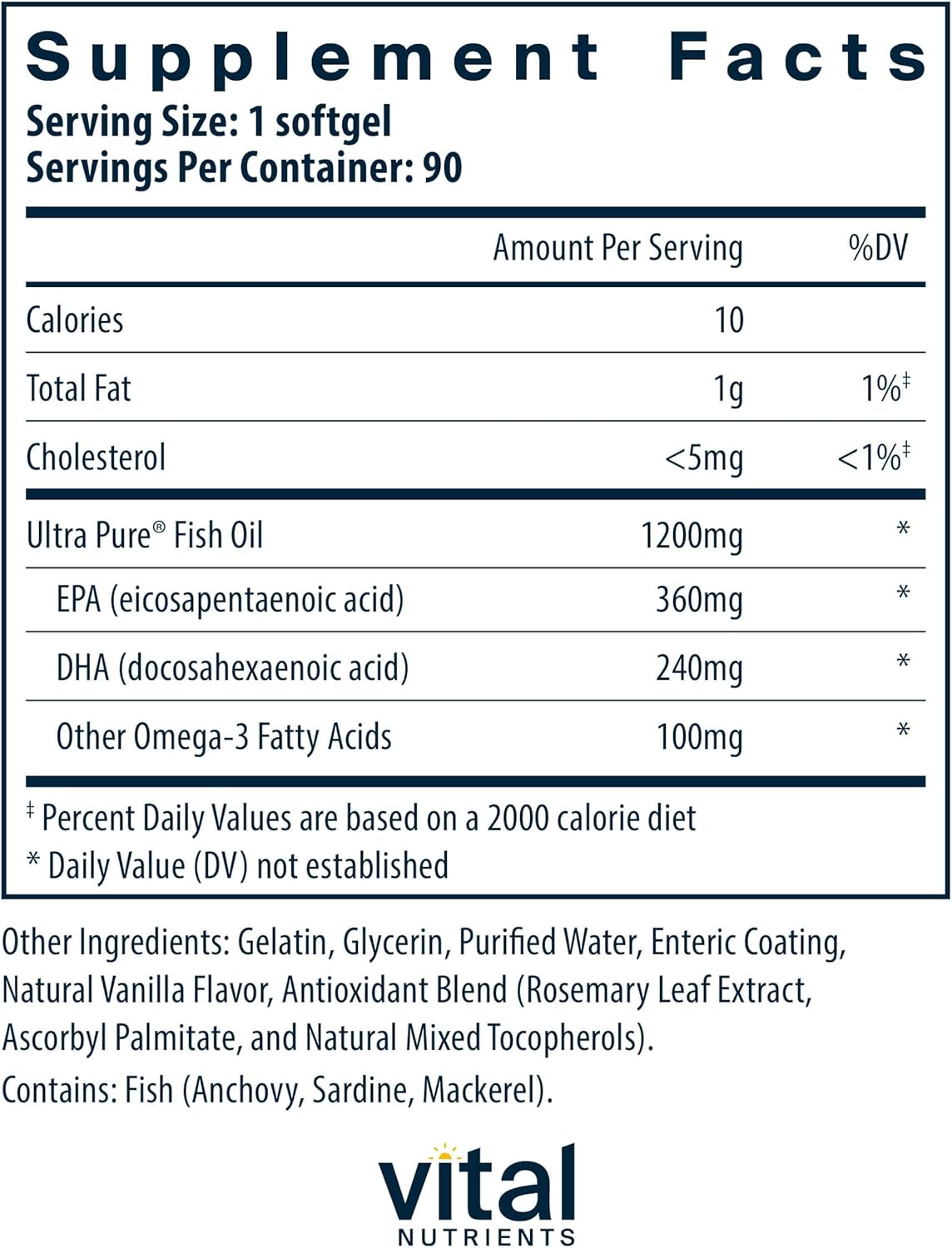 Ultra Pure® Vanilla Flavored Fish Oil 700 Enteric Coated Softgels - High EPA & DHA Omega-3 Fatty Acid Supplement for Heart, Brain, Immune Health - Gluten, Dairy, Soy Free - 90 Count