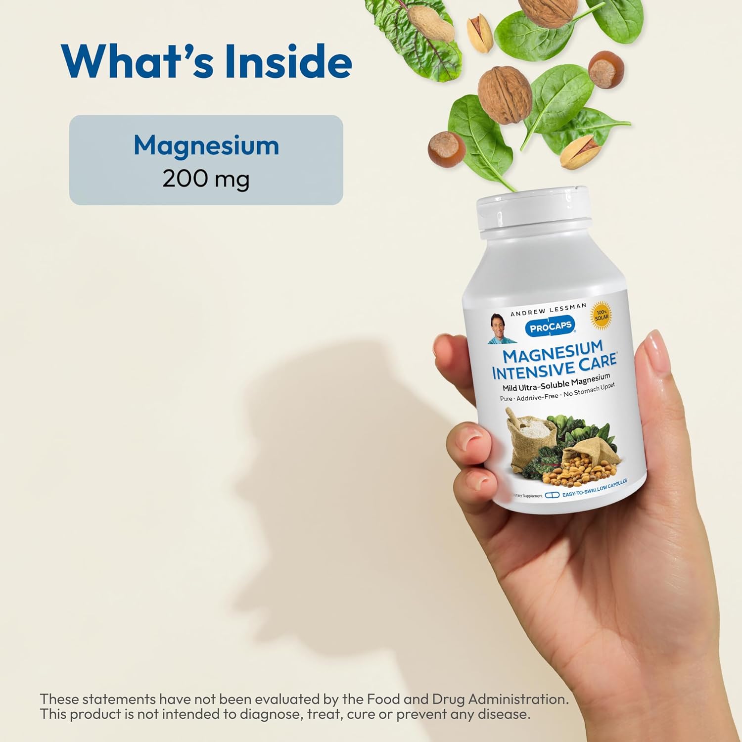 Ultra-Soluble Magnesium Capsules for Nerves, Muscles, Brain, Heart - 250 Capsules, 200mg Gentle Formula, No Additives