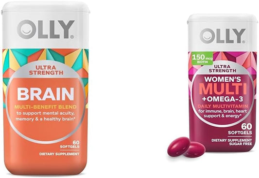 Ultra Strength Brain and Women's Multi Softgels, Nootropic for Brain Function, Memory, Focus, Overall Health, Immune Support, Omega-3s, Iron, Vitamins A, D