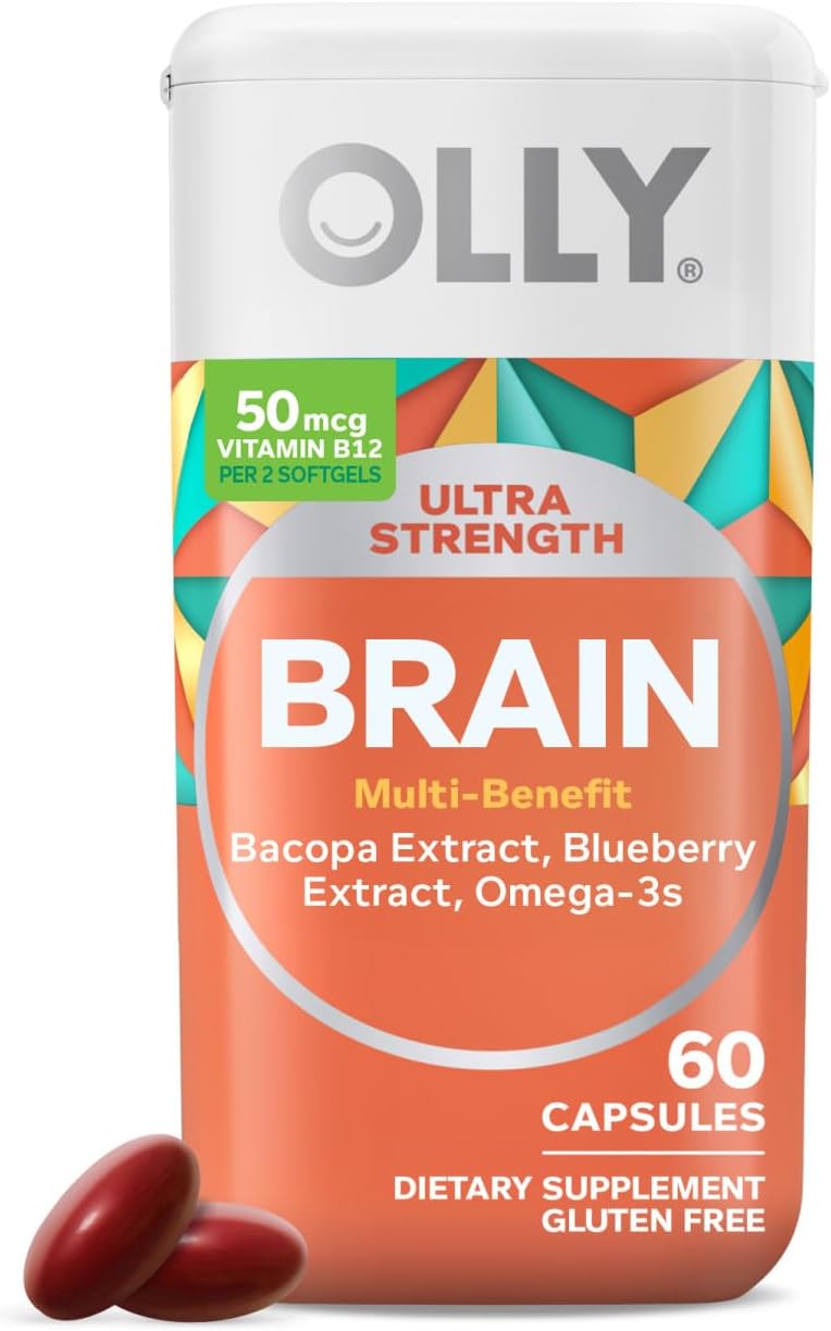 Ultra Strength Brain Softgels with Omega-3s, Vitamins B6 and B12 for Memory, Focus, and Concentration - 30 Day Supply, 60 Count