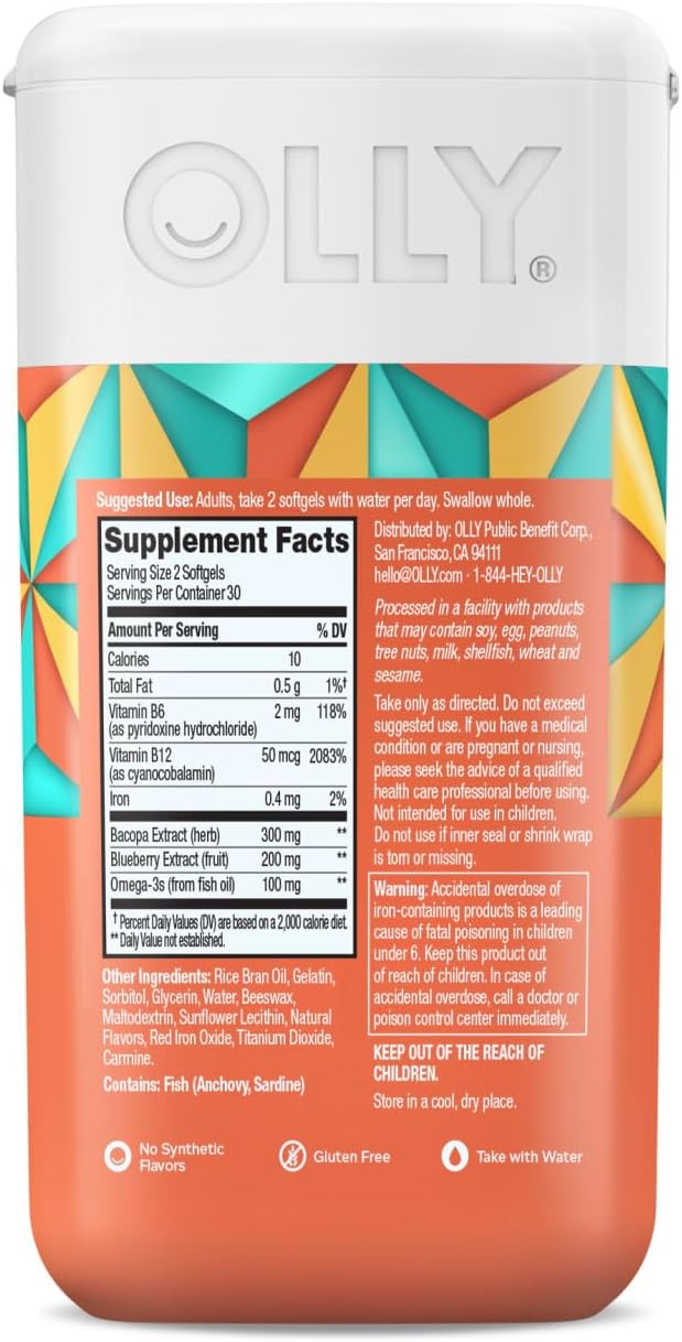 Ultra Strength Brain Softgels with Omega-3s, Vitamins B6 and B12 for Memory, Focus, and Concentration - 30 Day Supply, 60 Count