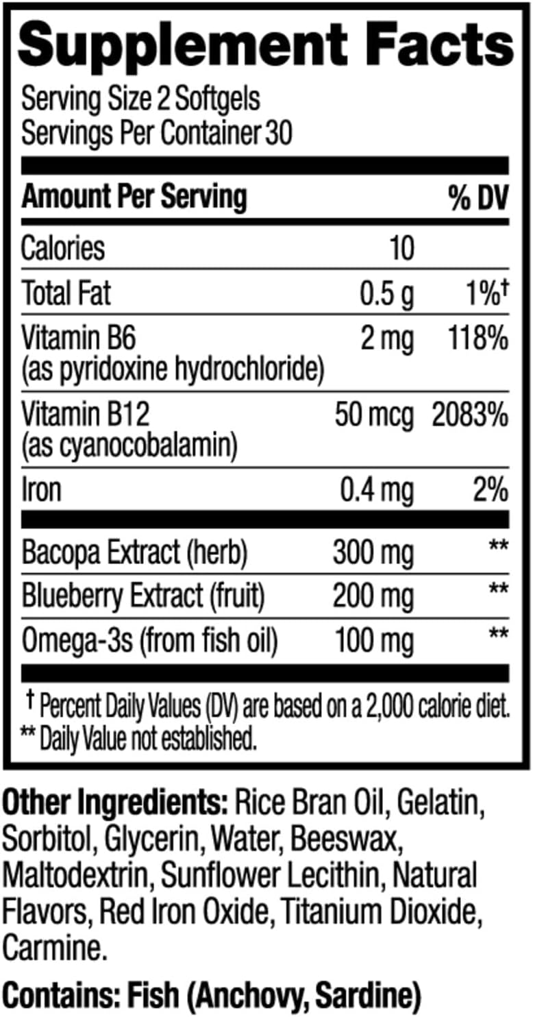 Ultra Strength Brain Softgels with Omega-3s, Vitamins B6 and B12 for Memory, Focus, and Concentration - 30 Day Supply, 60 Count