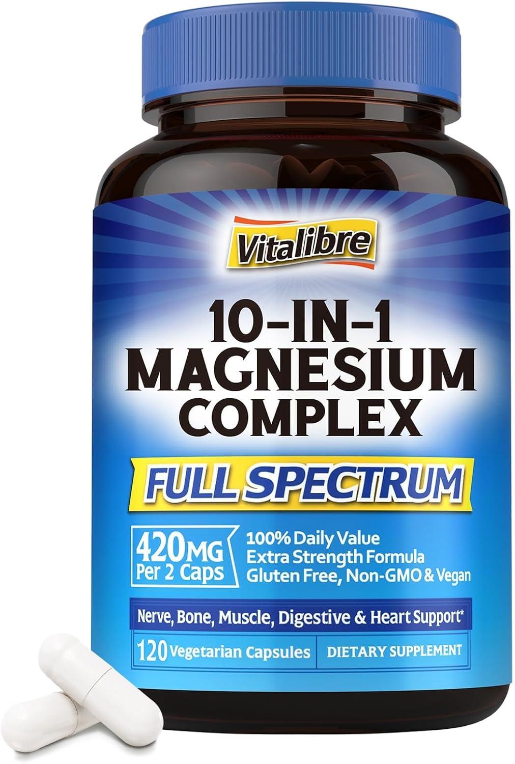 Ultra Strength Chelated Magnesium Complex Supplement - 420mg Elemental Magnesium - 10-in-1 Formula for Sleep, Muscles, Nerves & Heart Health - Non-GMO, 120 Vegan Capsules