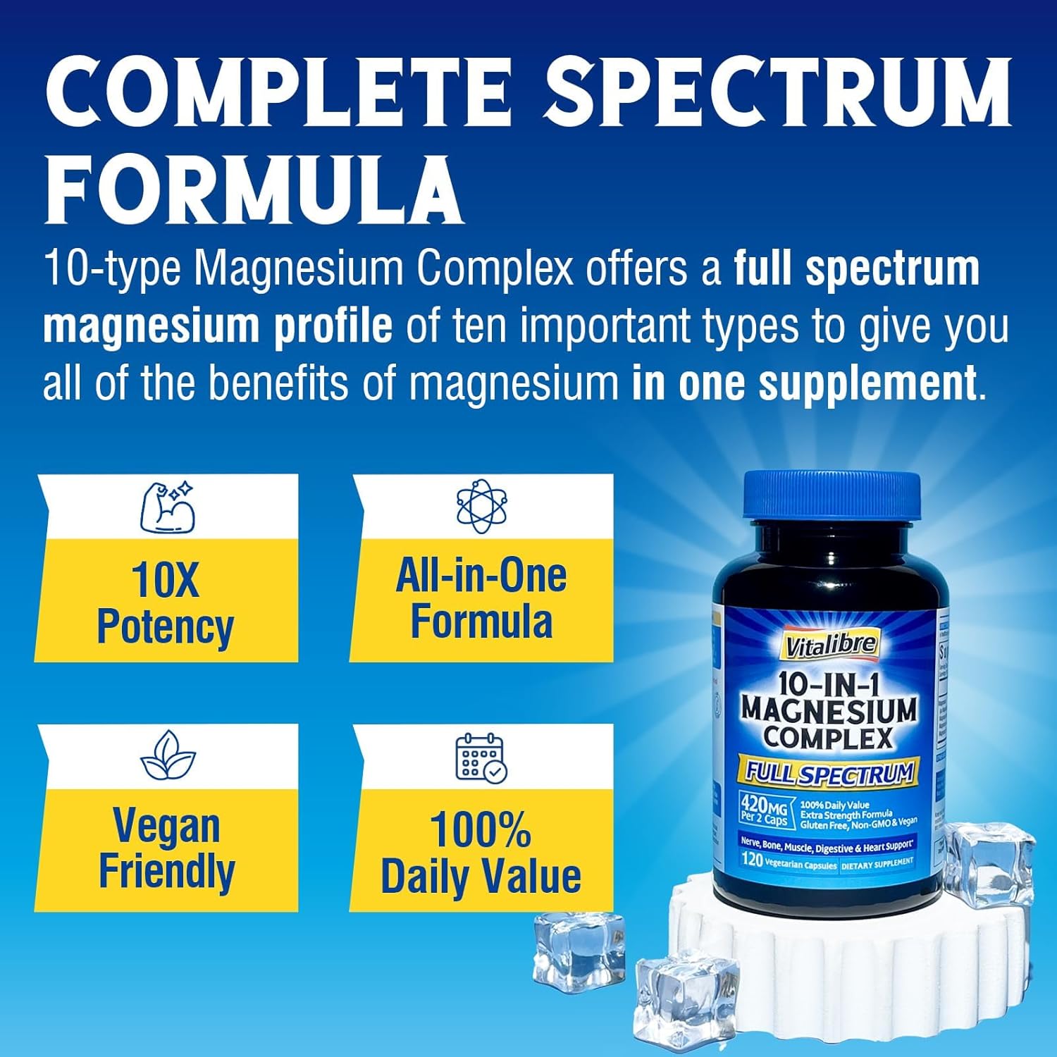 Ultra Strength Chelated Magnesium Complex Supplement - 420mg Elemental Magnesium - 10-in-1 Formula for Sleep, Muscles, Nerves & Heart Health - Non-GMO, 120 Vegan Capsules
