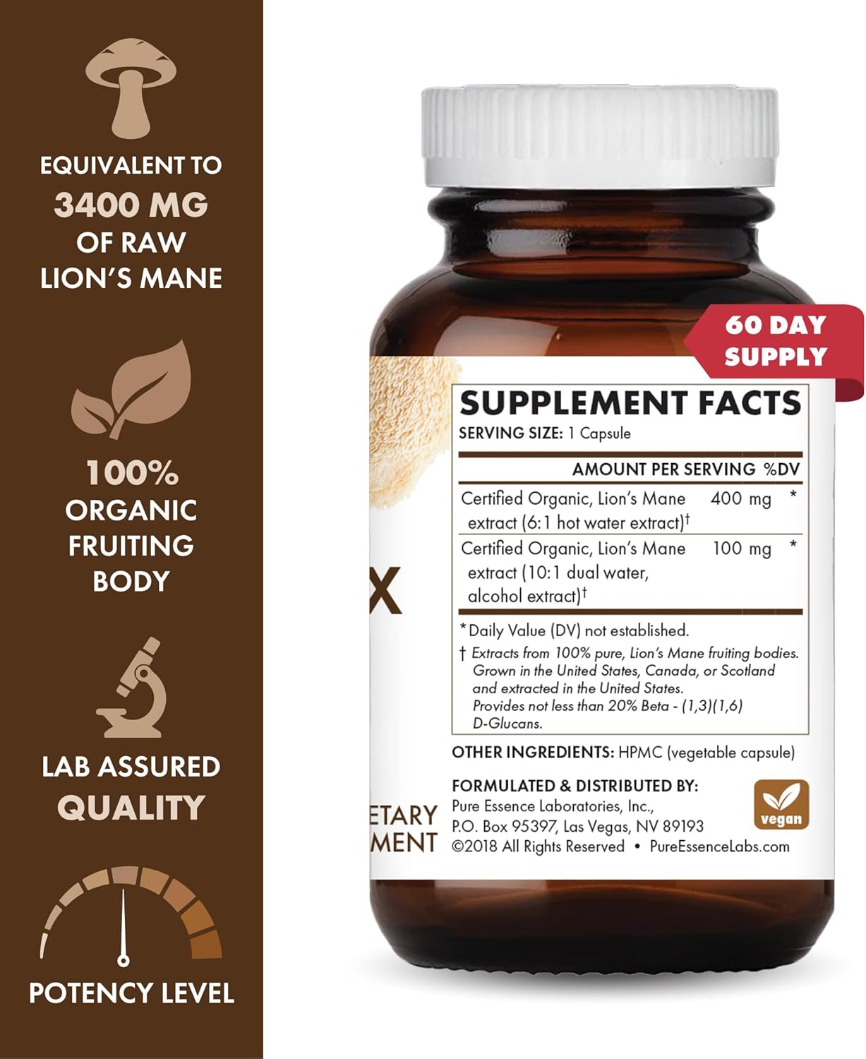 Ultra Strength Lion's Mane Brain Support Supplement - 60 Capsules for Cognitive Health, Memory, and Mental Clarity