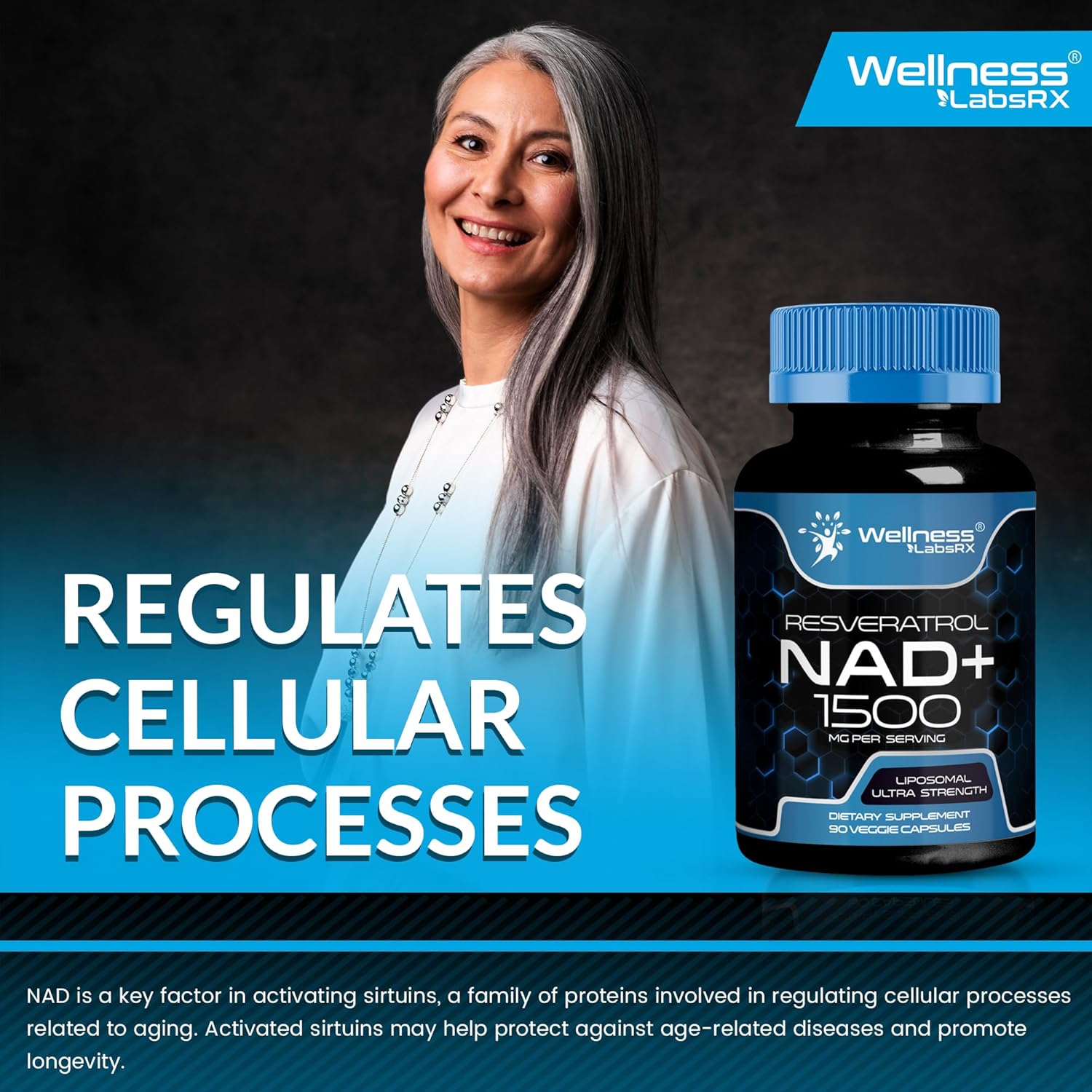 Ultra Strength Liposomal NAD+ Supplement with Resveratrol - 1500mg NAD Plus Boosting Capsules for Cellular Health, Stamina & Healthy Aging - Made in USA by Wellness LabsRX