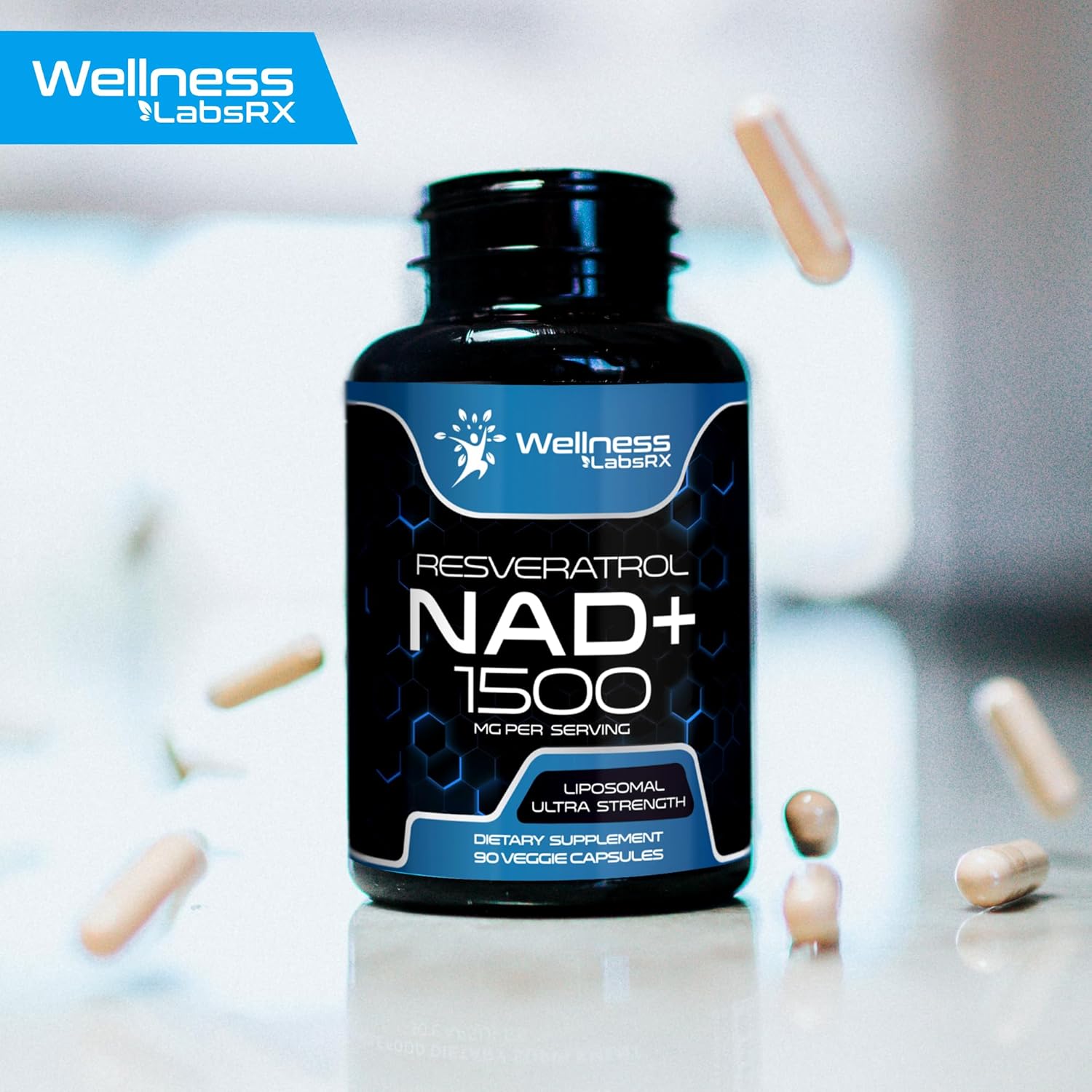 Ultra Strength Liposomal NAD+ Supplement with Resveratrol - 1500mg NAD Plus Boosting Capsules for Cellular Health, Stamina & Healthy Aging - Made in USA by Wellness LabsRX