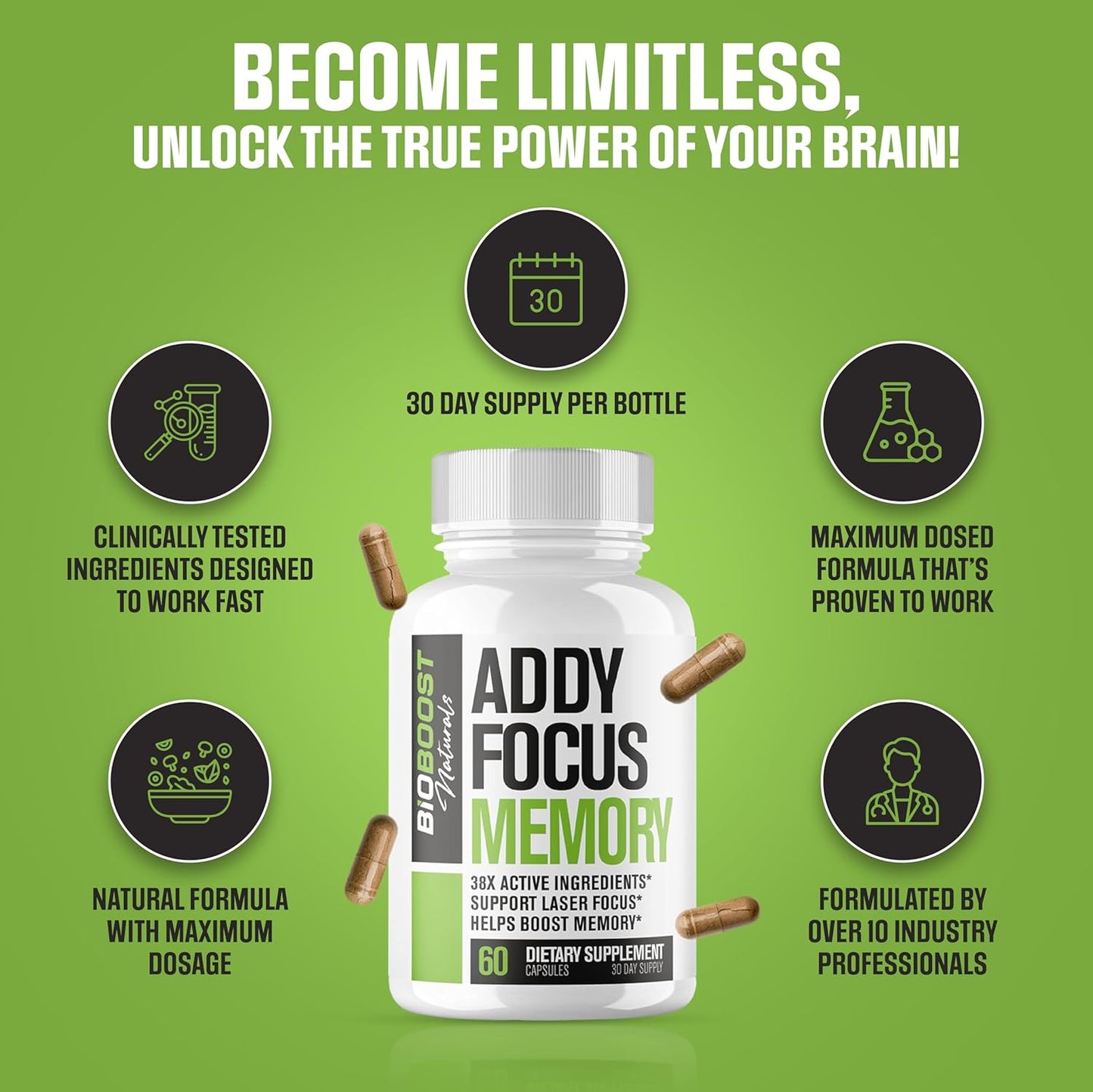 Ultra Strength Memory and Focus Supplement - Natural Adderall Substitute for Energy - Nootropic Pills with Science Backed Formula - 3rd Party Tested - 60 Capsules