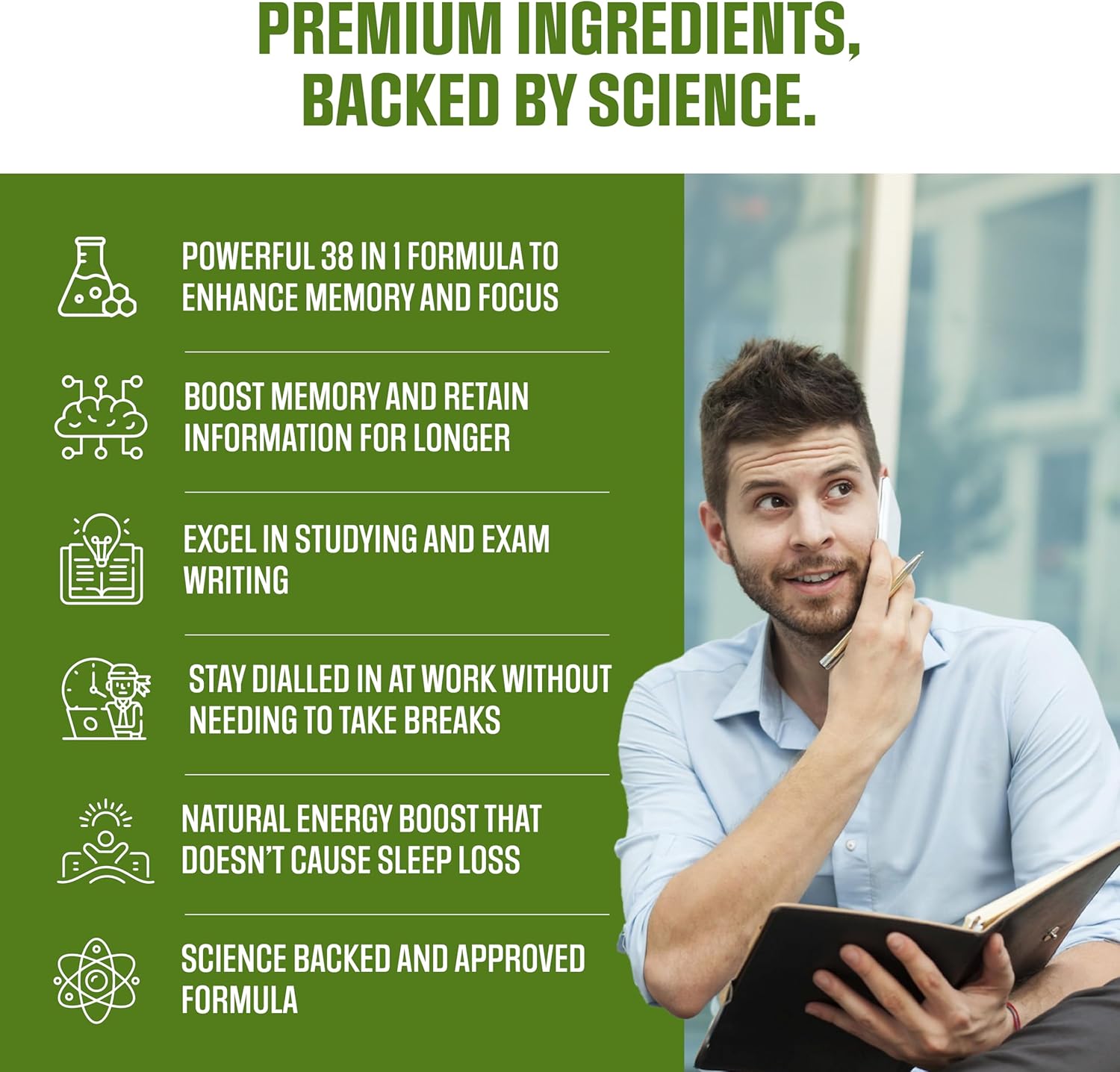 Ultra Strength Memory and Focus Supplement - Natural Adderall Substitute for Energy - Nootropic Pills with Science Backed Formula - 3rd Party Tested - 60 Capsules