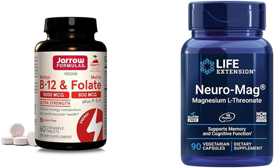 Ultra Strength Methyl B-12 & Folate with P-5-P + Neuro-mag Magnesium L-threonate for Brain Health, Memory & Attention