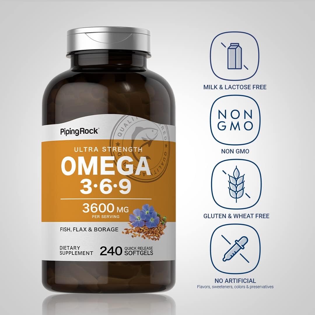 Ultra Strength Omega 3 6 9 Supplements for Women and Men | 3600mg | 240 Softgel Capsules | Fish Flax Borage | Non-GMO, Gluten Free