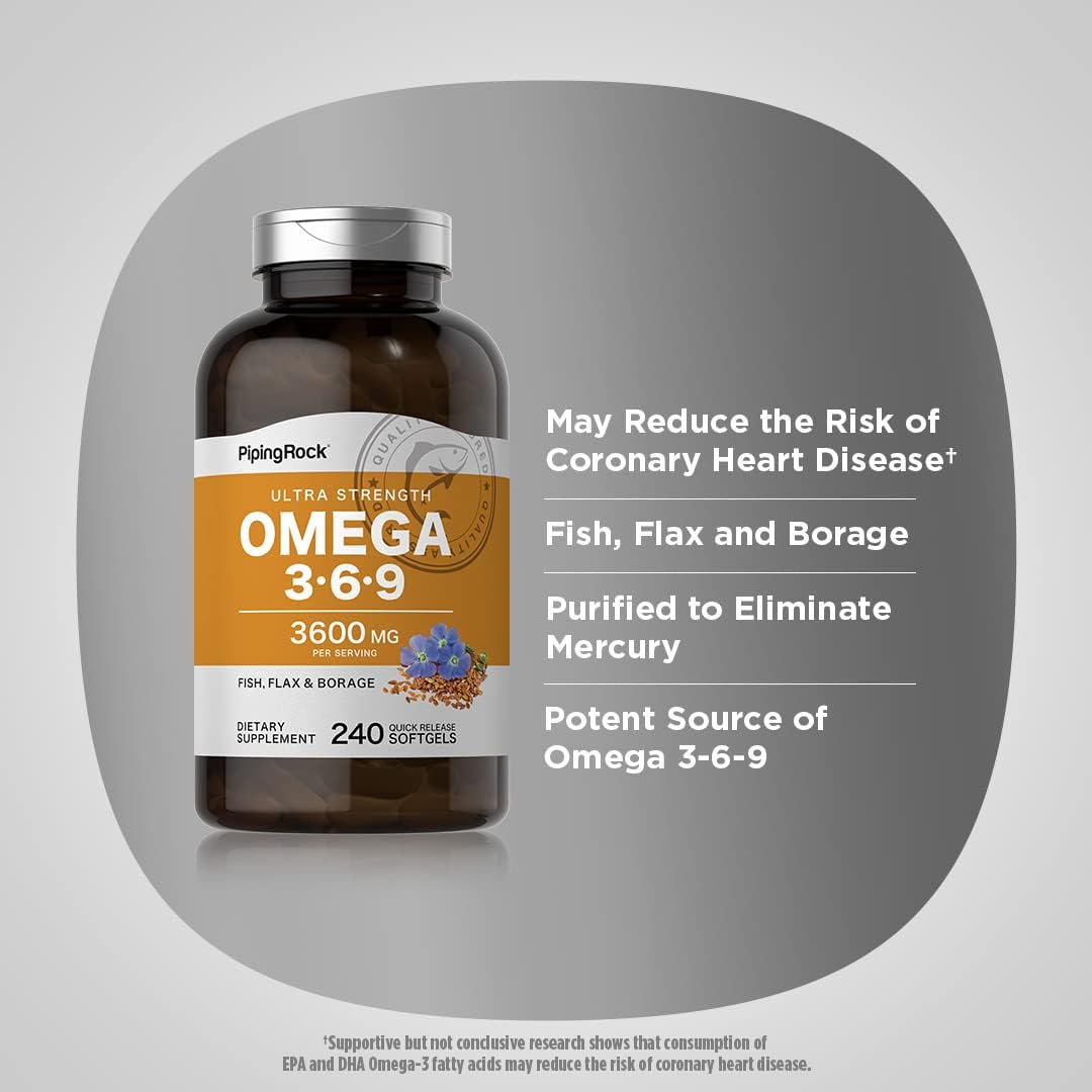 Ultra Strength Omega 3 6 9 Supplements for Women and Men | 3600mg | 240 Softgel Capsules | Fish Flax Borage | Non-GMO, Gluten Free