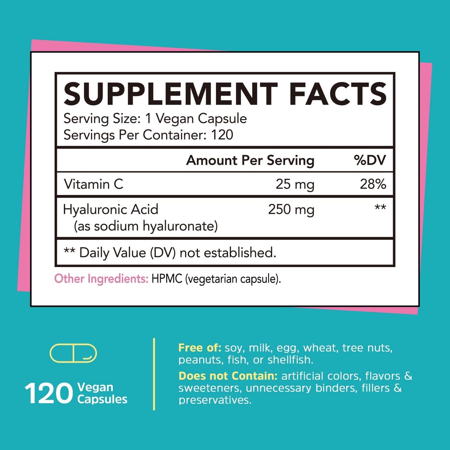 Ultra Strength Vegan Hyaluronic Acid with Vitamin C for Joints, Skin & Eyes - Anti-Aging Formula, Non-GMO - 120 Capsules