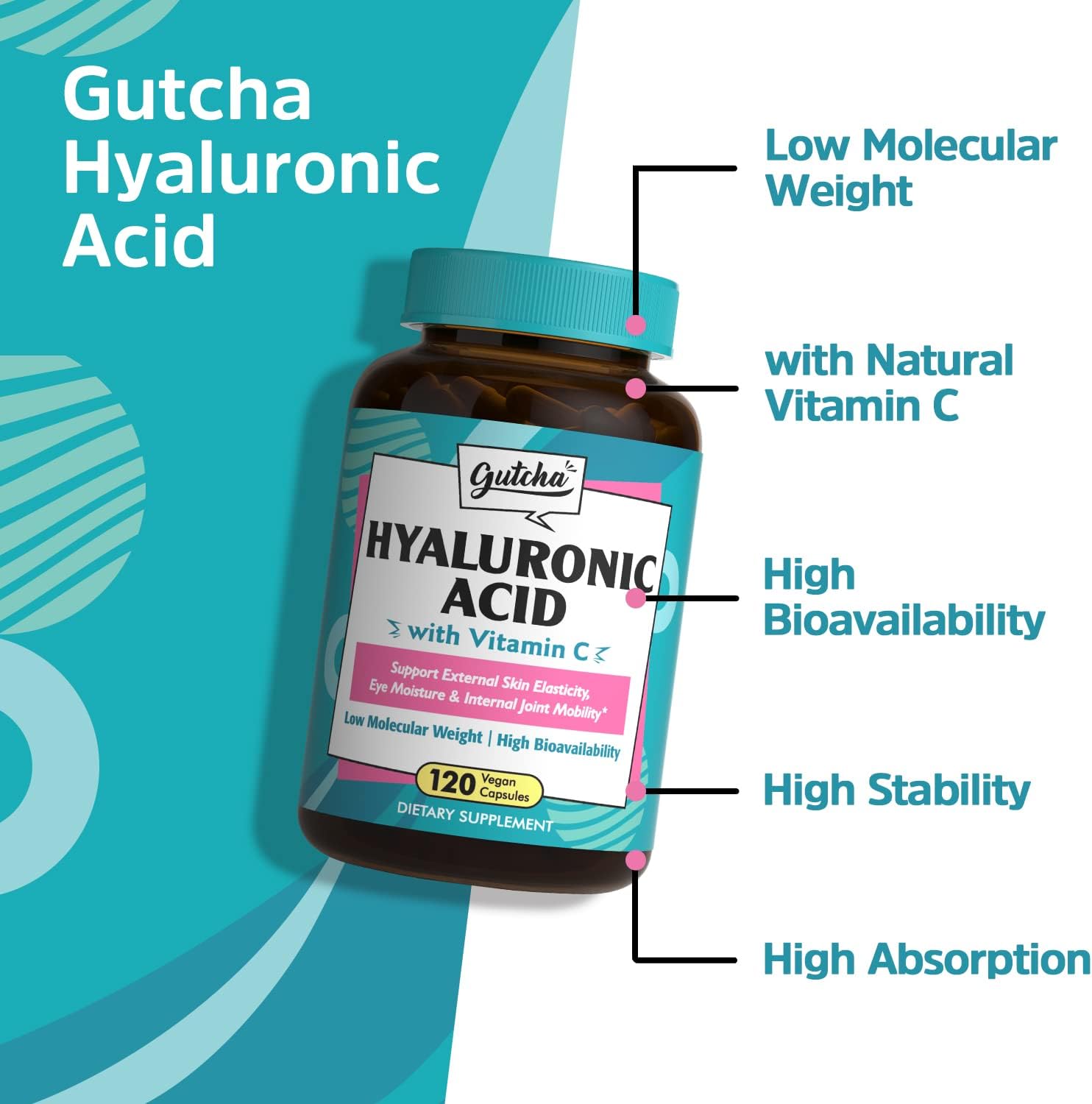 Ultra Strength Vegan Hyaluronic Acid with Vitamin C for Joints, Skin & Eyes - Anti-Aging Formula, Non-GMO - 120 Capsules