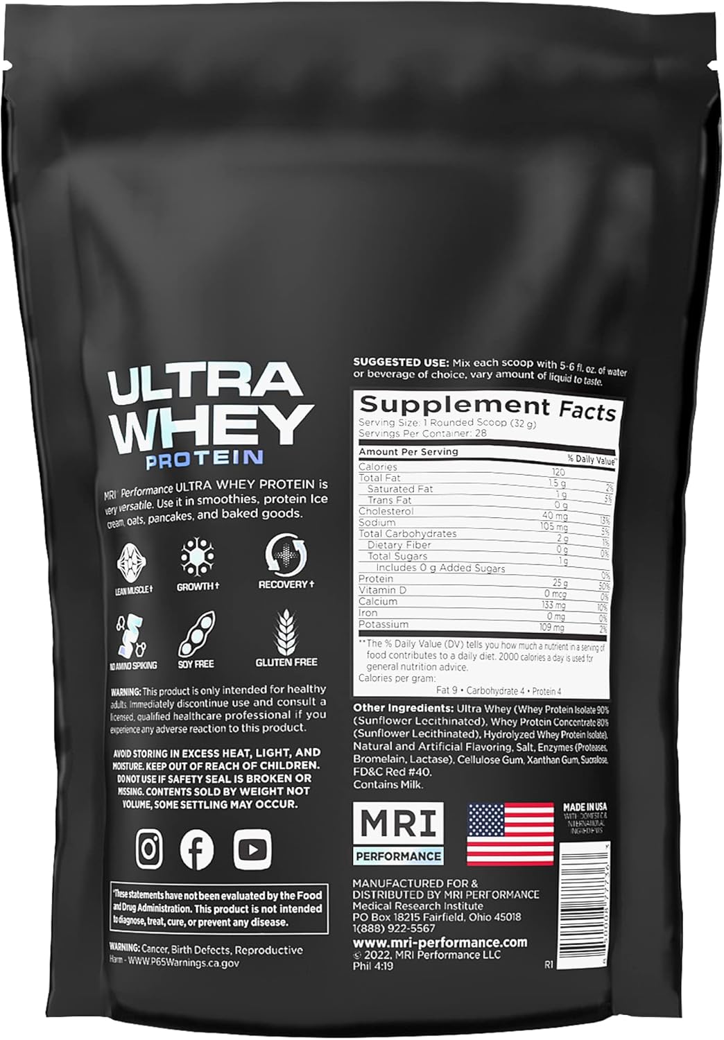 Ultra Whey Protein Powder for Lean Muscle Growth & Recovery - MRI Performance Formula with 25g Whey Isolate, Hydrolyzed, and Concentrate Protein
