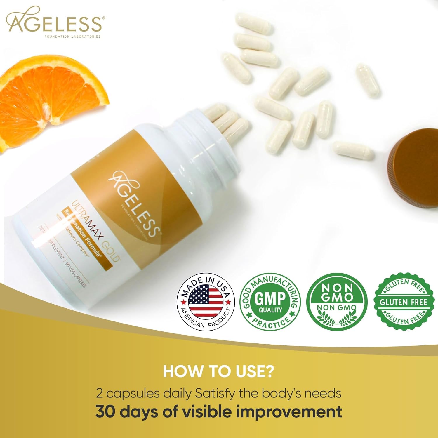 UltraMAX Gold™ Capsules: HGH Anti-Aging Supplement for Women - Supports Immune Health, Skin Tone, Sleep, Weight Management - 90 Capsules