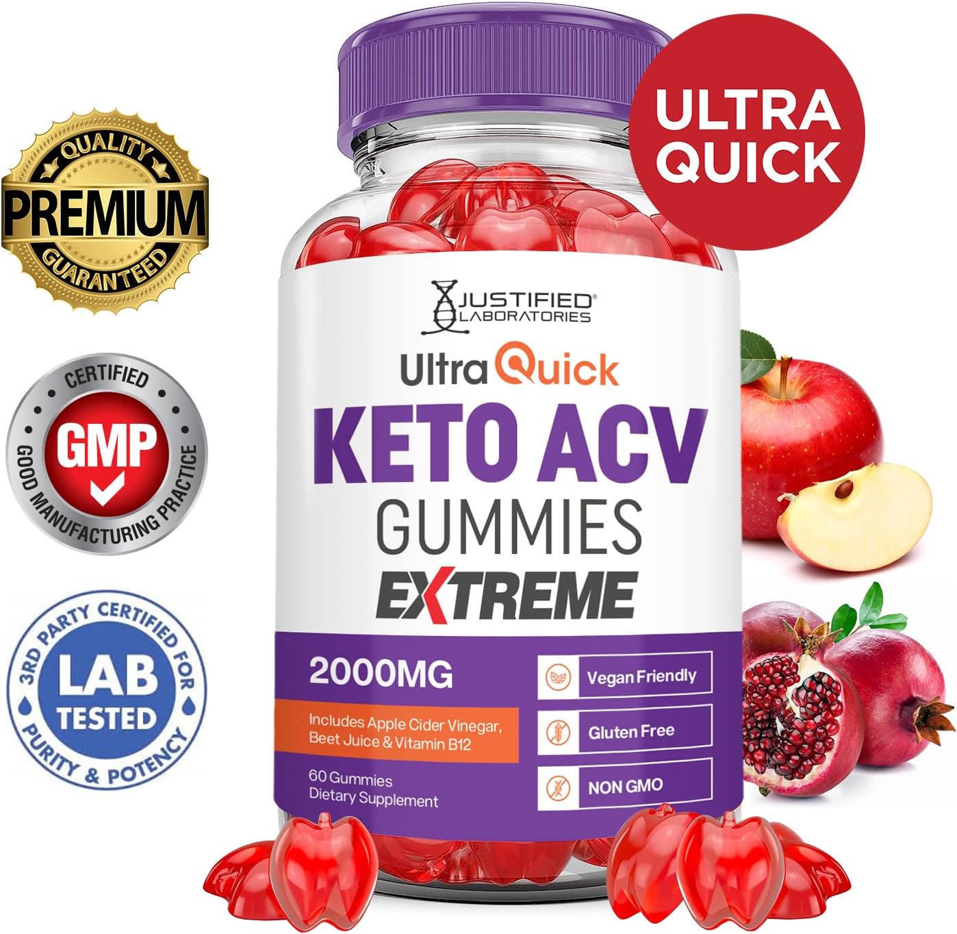 Ultraquick Keto ACV Gummies Extreme 2000MG with Pomegranate Beet Juice B12 - 60 Vegan Gummies