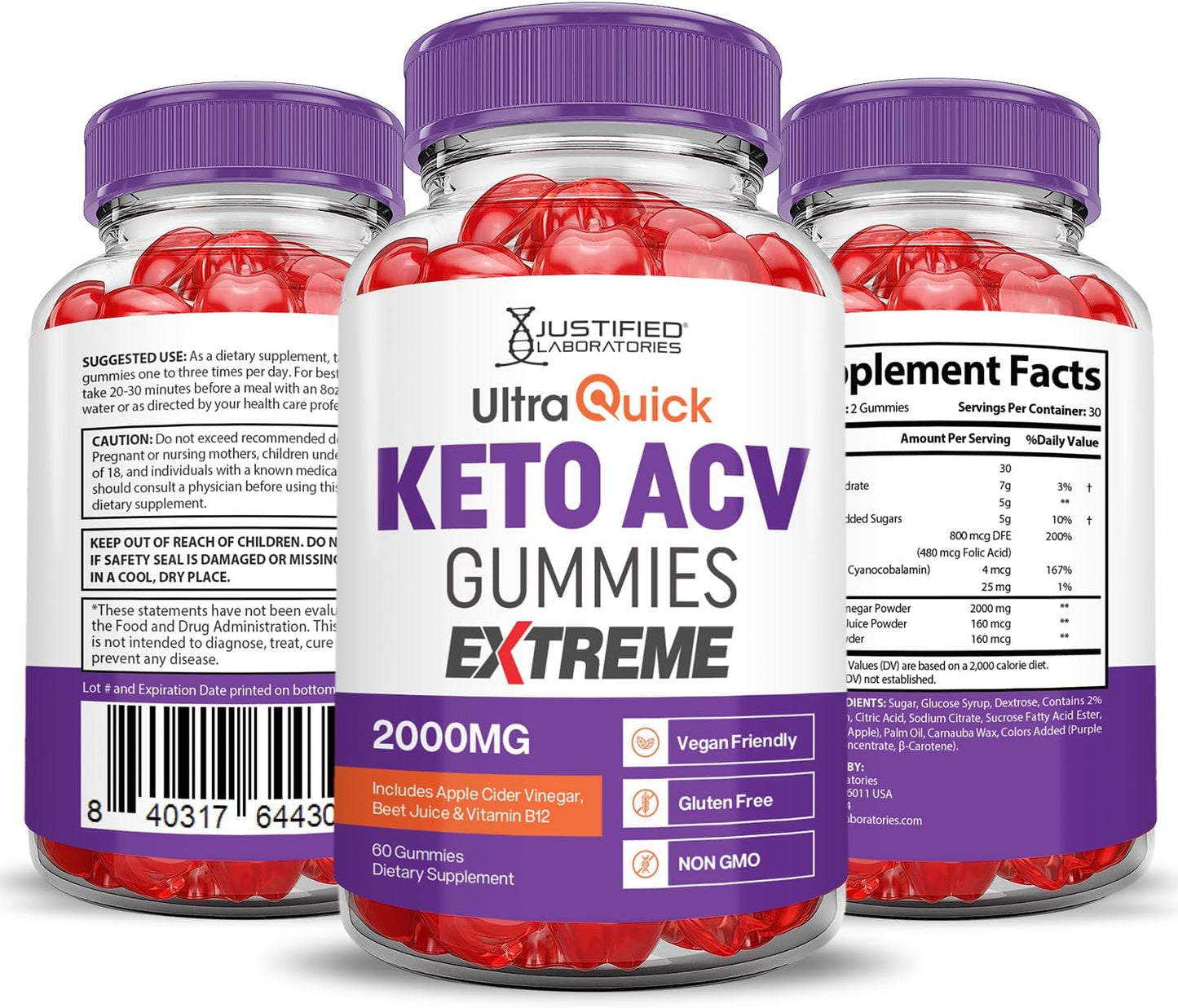 Ultraquick Keto ACV Gummies Extreme 2000MG with Pomegranate Beet Juice B12 - 60 Vegan Gummies