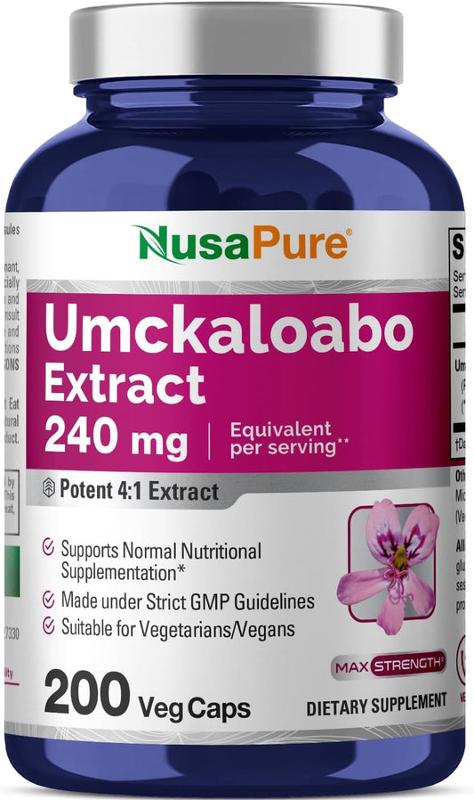 Umckaloabo Extract 240mg - 200 Vegetarian Capsules (Non-GMO, Vegan) by NusaPure