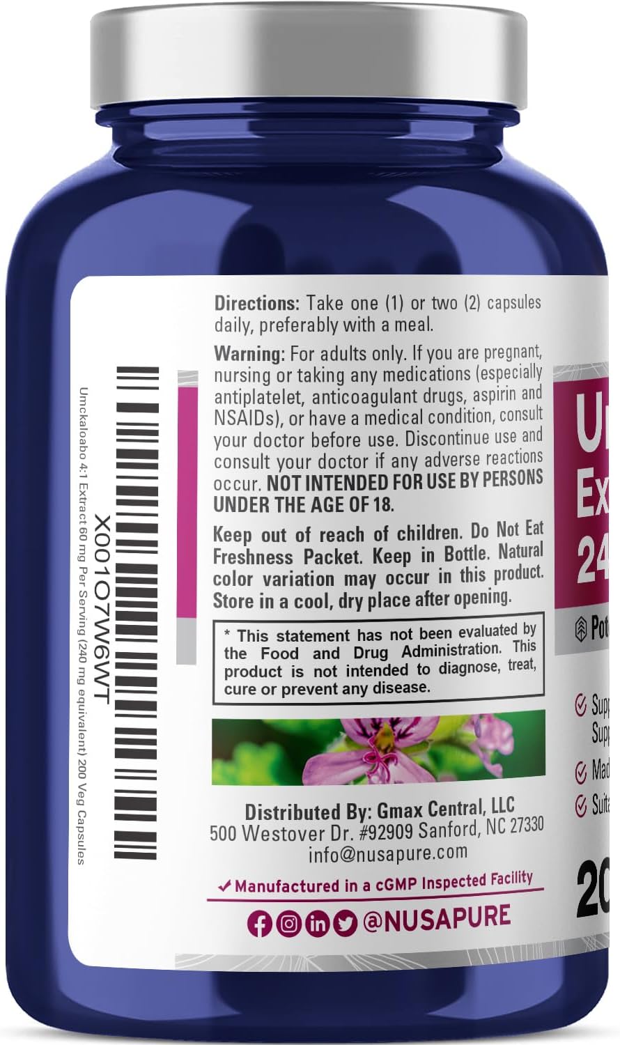 Umckaloabo Extract 240mg - 200 Vegetarian Capsules (Non-GMO, Vegan) by NusaPure