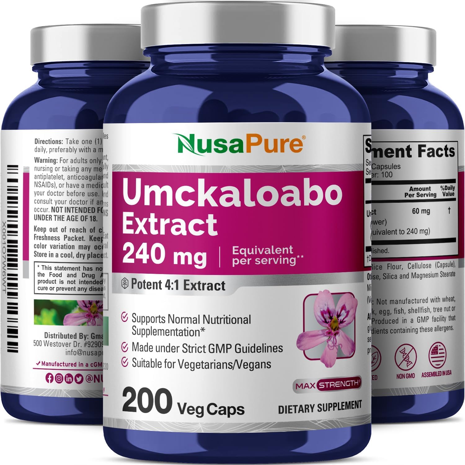 Umckaloabo Extract 240mg - 200 Vegetarian Capsules (Non-GMO, Vegan) by NusaPure