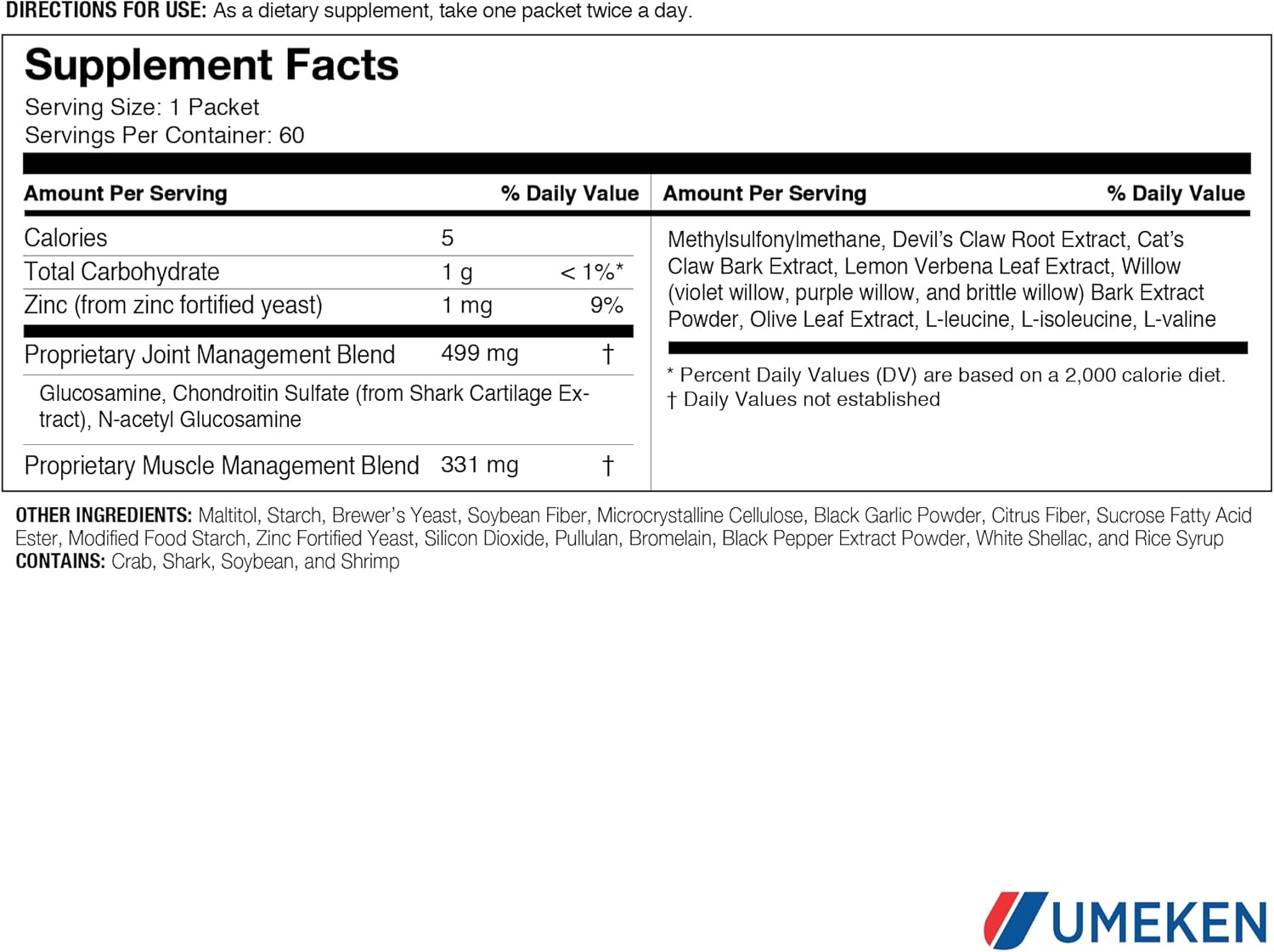 Umeken Duo Action MSM + BCAA Herbal Formula, Chondroitin & Glucosamine Supplements - 2 Month Supply (120 Packets)