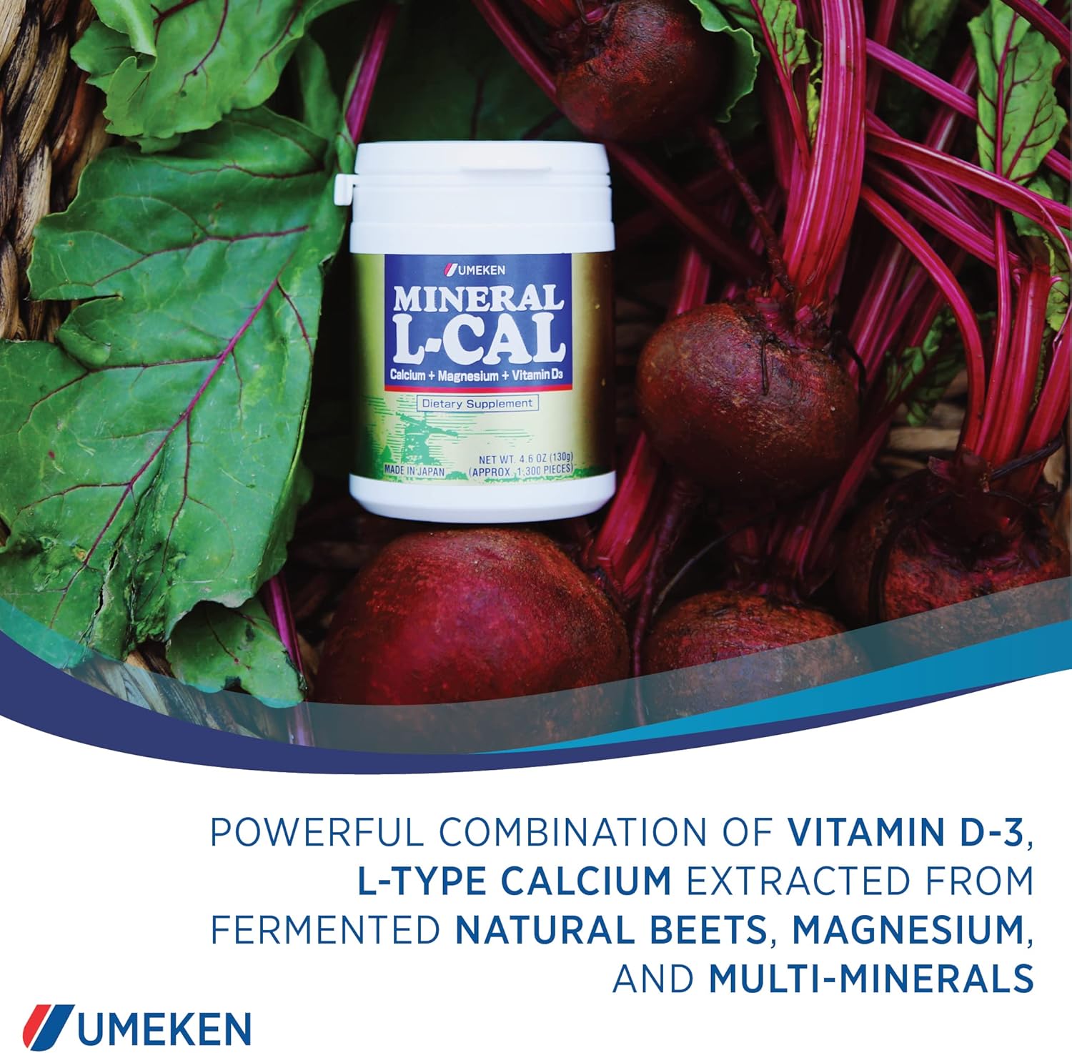Umeken Mineral L-Cal: Calcium, Vitamin D3, Magnesium & Minerals in Fast-Absorbing Ball Format - 1,300 Balls, 130g - Pack of 2