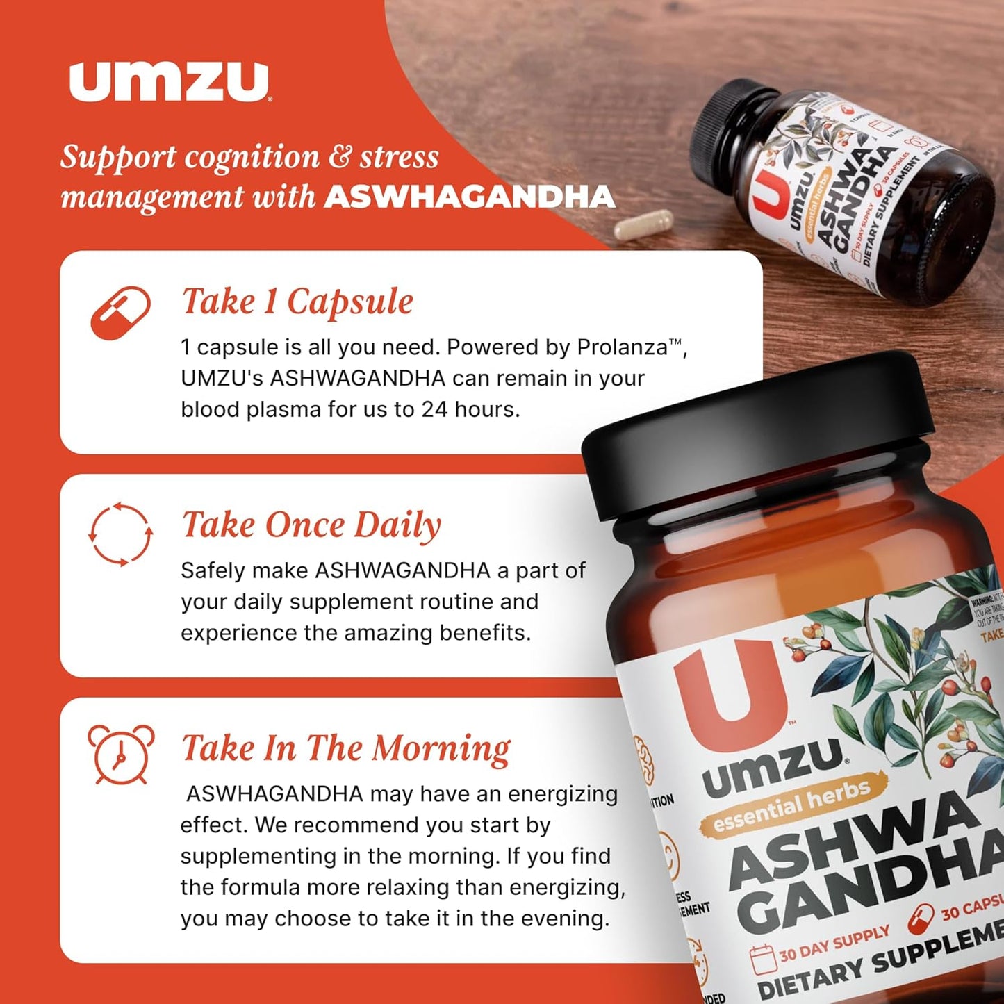 UMZU Ashwagandha Supplement for Stress & Memory Support - 30 Capsules, 24-Hour Extended Release Formula for Focus & Cognition